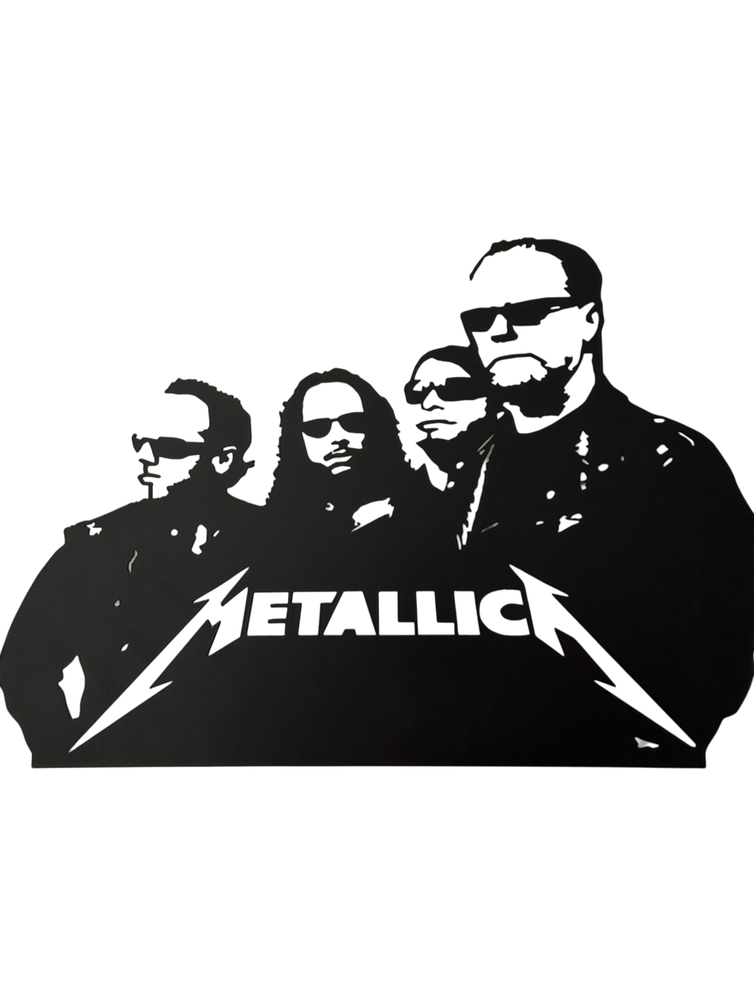 Black and white illustration of Metallica band members with their logo.